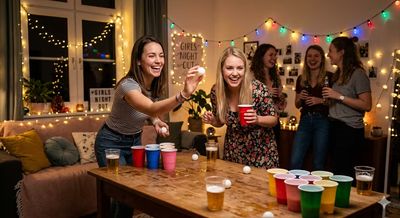 Beer Pong Aufbau mit farbigen Bechern und Lichterketten für Mädelsabend